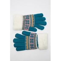 Fluffy Trim Knitted Geo Print Gloves