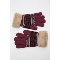 Fluffy Trim Knitted Geo Print Gloves