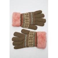 Fluffy Trim Knitted Geo Print Gloves