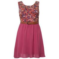 Floral Contrast Belted Dress