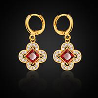 Flower Shaped Simulated Diamond Earrings Red Ruby New 18K Gold Plated Cubic Zirconia Earrings Wholesale E10120