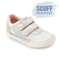 Flexy Soft Turin, Iridescent Silver Leather Girls Riptape First Walking Shoes