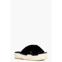 Flatform Espadrille Cross Faux Fur Slider - black