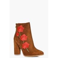 Floral Stitch Block Heel Boot - tan