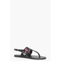 Floral And Paisley Embroidered Thong Sandal - black