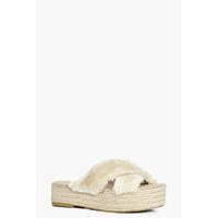 Flatform Espadrille Cross Faux Fur Slider - cream