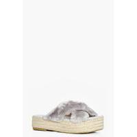 Flatform Espadrille Cross Faux Fur Slider - grey