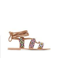 Flat Leather Laced Sandals with Bead Detail