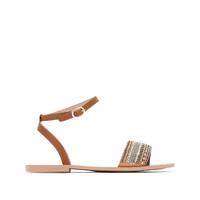 Flat Leather Sandals with Bead Detail