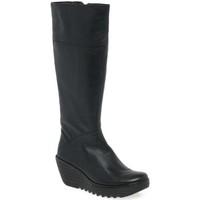 fly london yura womens wedge heel long boots womens high boots in blac ...