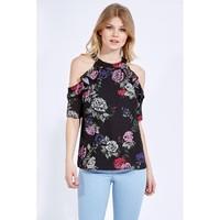 FLORAL HALTER NECK FRILL COLD SHOULDER TOP