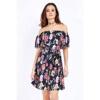 FLORAL PLEATED BARDOT DRESS