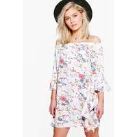 floral off shoulder waterfall sleeve shift dress white