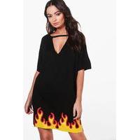 Flame Hem Choker T-Shirt Dress - black
