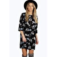 Floral Print 3/4 Sleeve Shift Dress - black