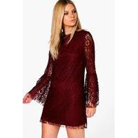 Flute Sleeve Lace Shift Dress - berry