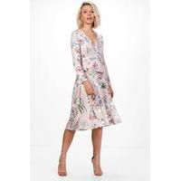 Floral Long Sleeve Wrap Midi Dress - blush