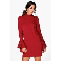 Flute Sleeved Shift Dress - ruby