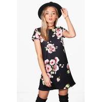 floral cap sleeve shift dress black