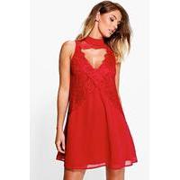 Flo High Neck Lace Front Swing Dress - berry