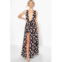 Floral Chiffon Wrap Maxi Dress - black