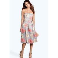 Floral Print Bandeau Midi Skater Dress - grey