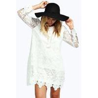 Flower Lace Long Sleeve Smock Dress - white