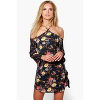 floral halterneck cold shoulder dress black