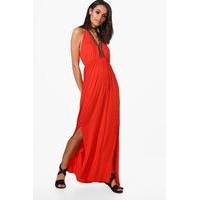 Floral Embroidery Trim Detail Halterneck Maxi - orange