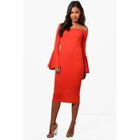 Flared Sleeve Midi Dress - orange