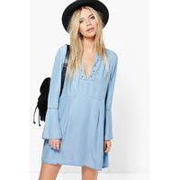 Flute Sleeve Lace Up Denim Dress - blue