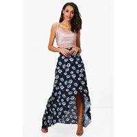 Floral Wrap Front Maxi Skirt - navy