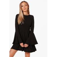 flute sleeve skater dress black