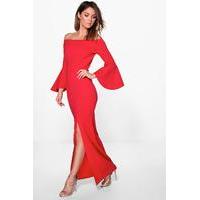 flute sleeve off the shoulder maxi dress red