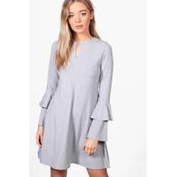 Flute Sleeve Keyhole Swing Dress - grey