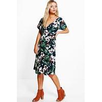 Fluted Sleeve Floral Printed Wrap Dress - navy