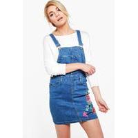 Flower Embroidered Denim Pinafore Dress - blue