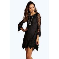 Flower Lace Long Sleeve Smock Dress - black