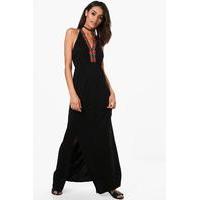 Floral Embroidery Trim Detail Halterneck Maxi - black