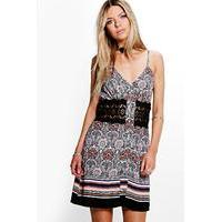 floral border print crochet waist skater dress multi