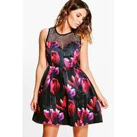 floral satin printed mesh yoke prom dress black