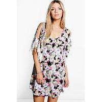 Floral Print Crochet Sleeve Dress - black