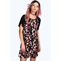 Floral Contrast Satin Shift Dress - multi