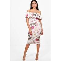 floral double frill off the shoulder midi dress multi