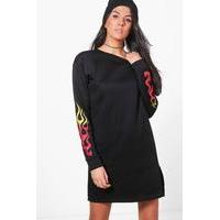 Flame Printed Sleeve Split Hem Sweat Dress - black