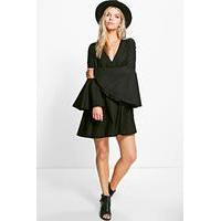 Flared Sleeve V Neck Shift Dress - black