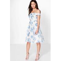 Floral Organza Off The Shoulder Skater Dress - blue