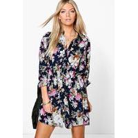 Floral Print Shirt Dress - blue