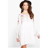 Floral Embroidered Smock Dress - cream