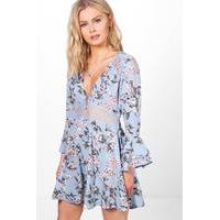 Floral Lace Insert Tea Dress - blue